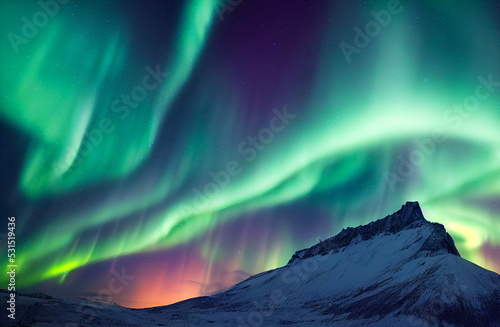 Northern Lights over snowy mountains. Aurora borealis with starry in the night sky. Fantastic Winter Epic Magical Landscape of Mountains 