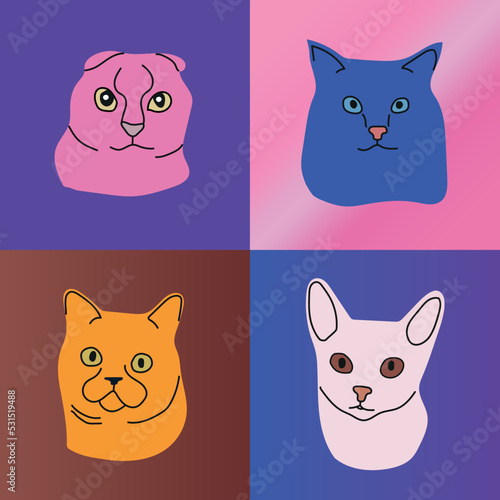 Fototapeta Naklejka Na Ścianę i Meble -  Portraits of cats in abstract colors.  Home pets hand drawn cartoon style. Modern vector illustration. 