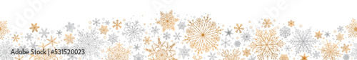 Banner of complex Christmas snowflakes in brown and gray colors with seamless horizontal repetition. Winter background with falling snow