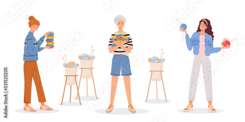 Three young women in woolen sweaters hold skeins of yarn and knitting needles in their hands. Handmade concept, love for knitting. Vector illustration in flat style on white isolated background.