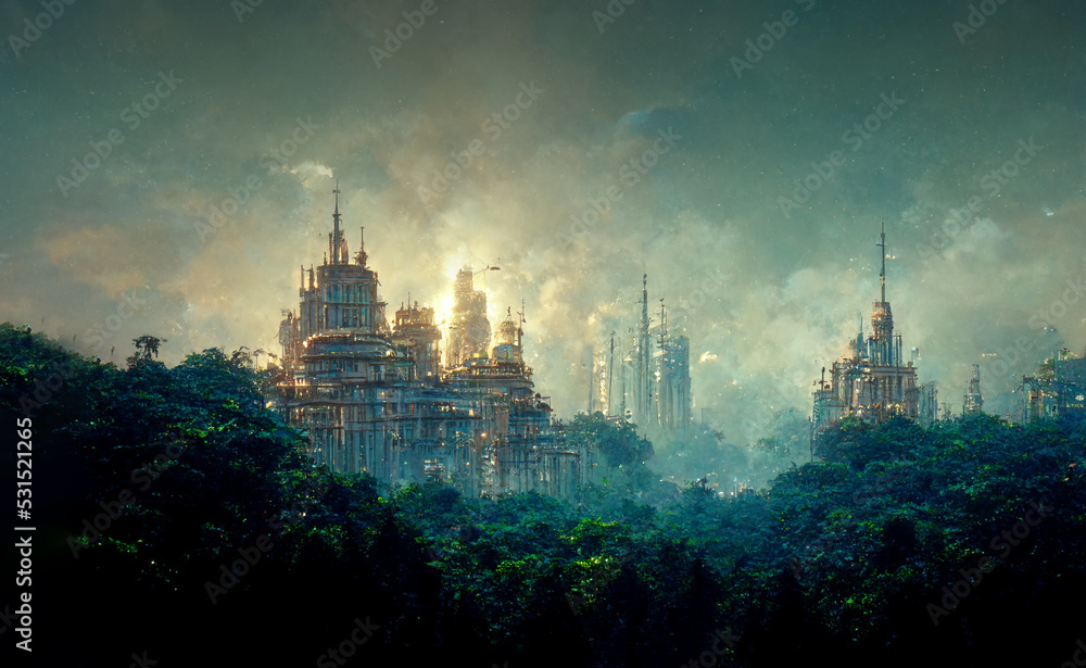 Futuristic smart green buildings city of planet earth background digital 3d.