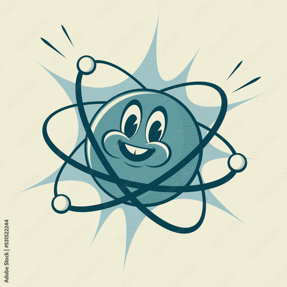 funny retro illustration of a cartoon atom - obrazy, fototapety, plakaty 