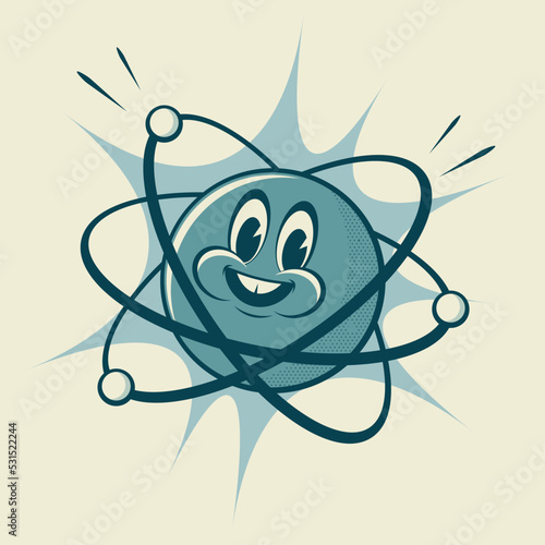 funny retro illustration of a cartoon atom