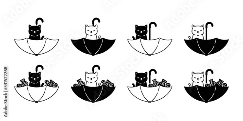 cat vector umbrella kitten icon fishing fish calico rain logo pet breed cartoon character symbol doodle illustration design clip art