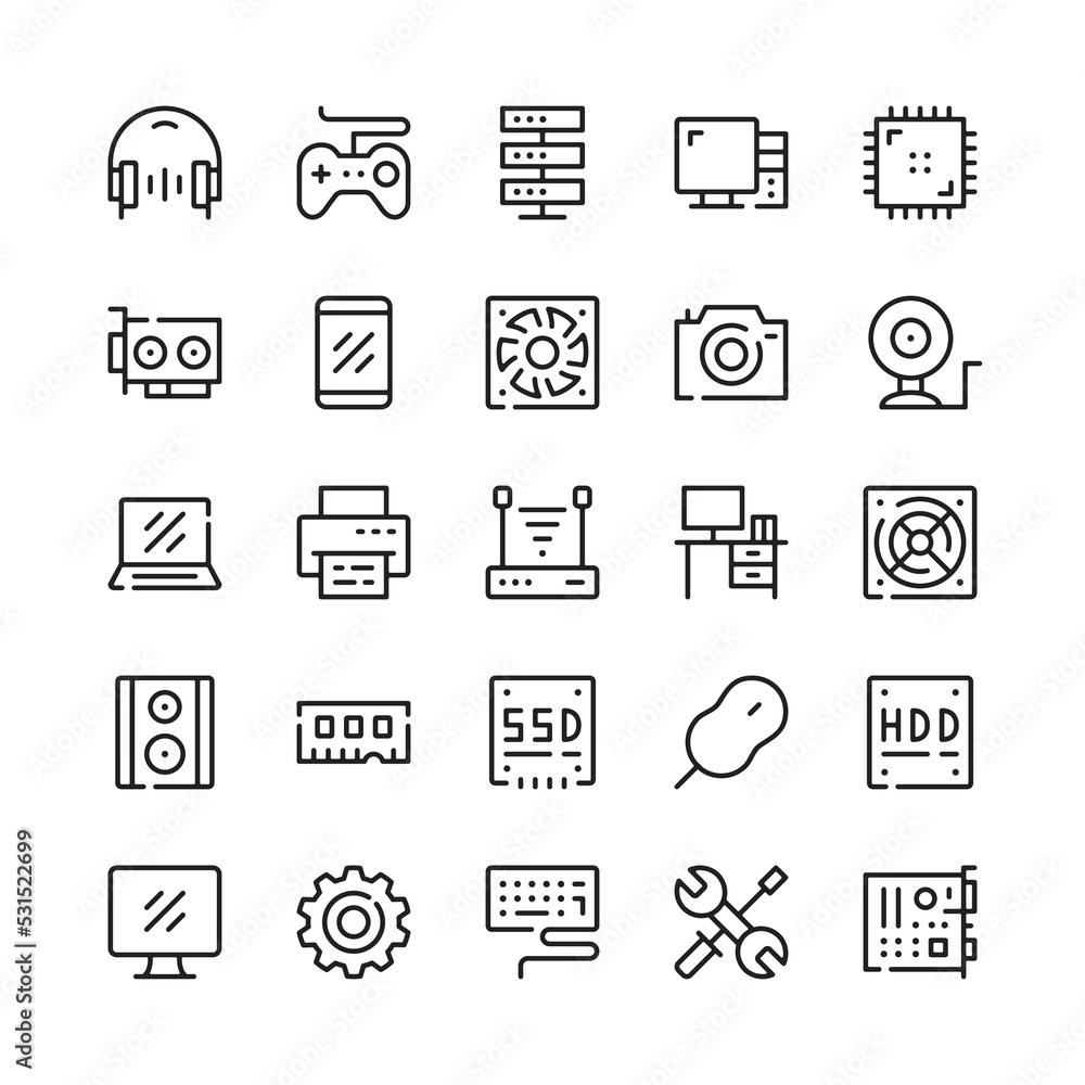 Computer hardware line icons. Outline symbols. Vector line icons set ...
