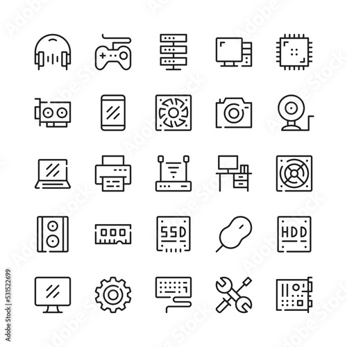 Computer hardware line icons. Outline symbols. Vector line icons set