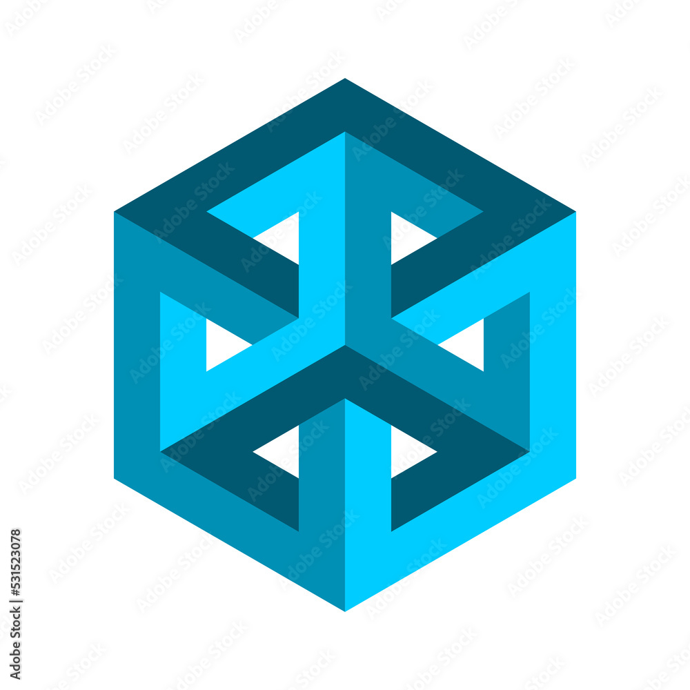 Blue impossible rectangle penrose shape. Esher geometric object. Hexagon cube design element. Intertwined double square. Optical illusion. Visual effect. Modern logo. Vector illustration, clip art. Blue impossible rectangle penrose shape. Esher geometric object. Hexagon cube design element. Intertwined double square. Optical illusion. Visual effect. Modern logo. Vector illustration, clip art.
