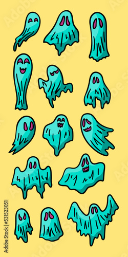 Vector Halloween hand drawn doodle objects set of cute cartoony ghosts with funny faces illustration.