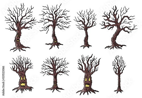 Vector Halloween hand drawn doodle objects set of creepy and spooky hangman trees illustration.