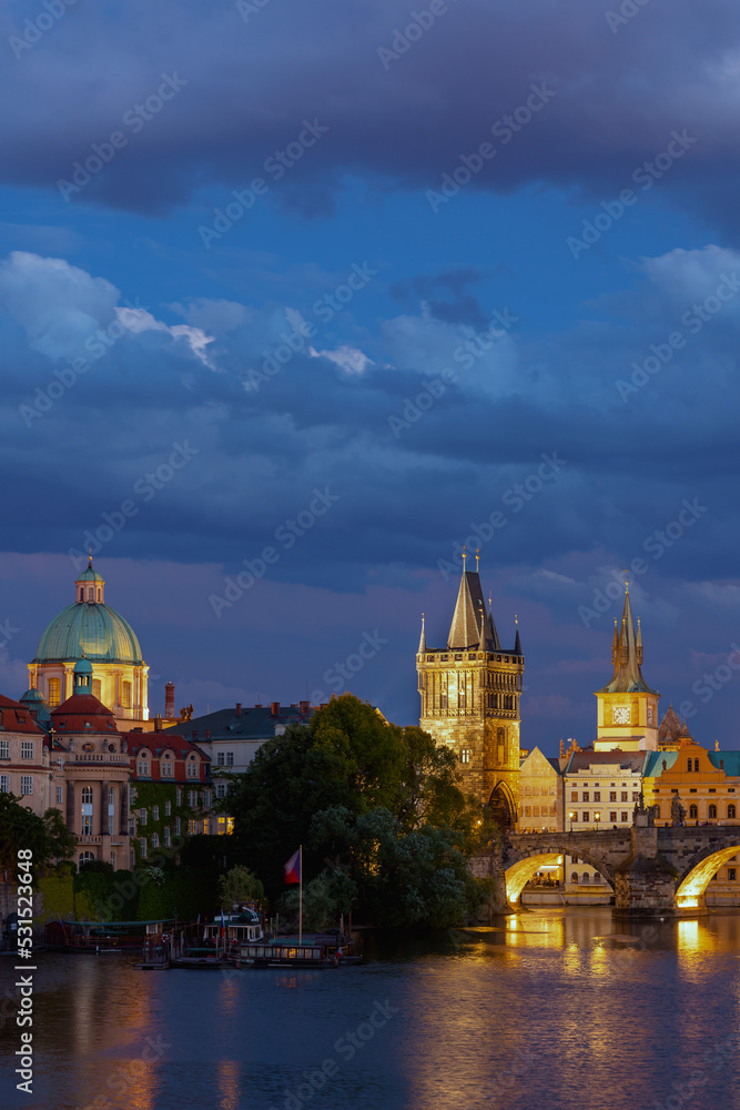 landscape with Vltava river and Old Town Bridge Tower