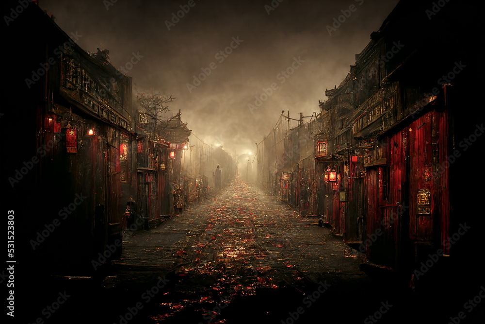Naklejka premium Mysterious Scary Empty Street of Autumn Asian Old Town 3D Art Fantasy Illustration. Spooky Environment Horror Movie Place Background. Creepy Alley of Oldtown AI Neural Network Generated Art Wallpaper