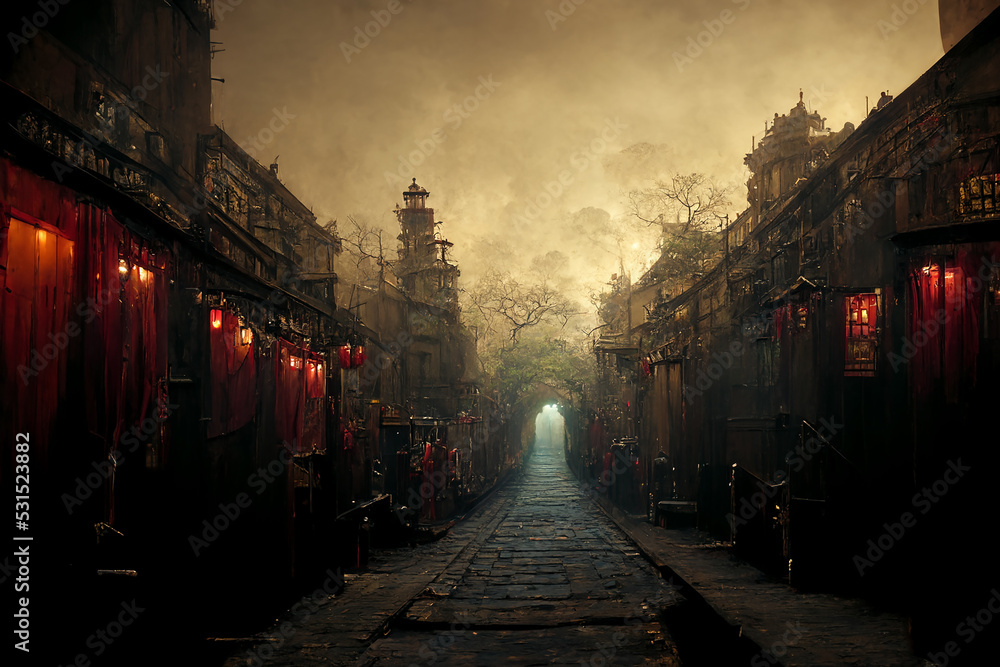 Leinwandbild Motiv - yamonstro : Fairy Tale Mystical Empty Red Lights Street of the Ancient Town 3D Art Illustration. Spooky Alley of Oldtown Atmospheric Background. Fantasy Scary Environment AI Neural Network Generated Art Wallpaper