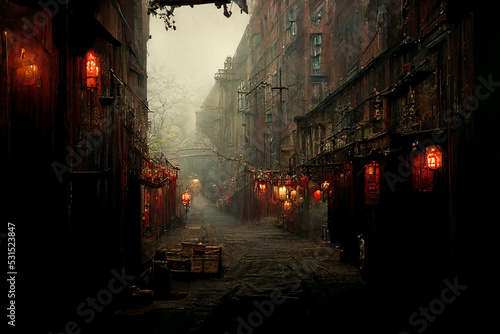 Spooky Empty Red Lights Street In Mystical Ancient Town 3D Art Illustration. Mysterious Creepy Alley of Oldtown Background. Chinatown Hidden Fantasy District AI Neural Network Generated Art Wallpaper © yamonstro