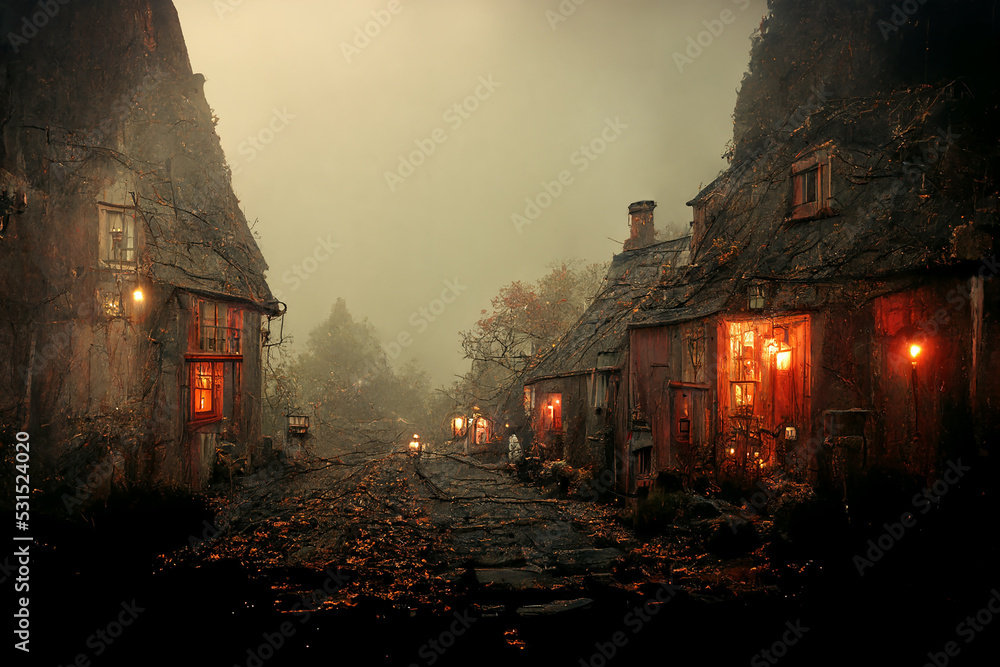 Naklejka premium Spooky Ugly Huts at Autumn Misty Mystical Ghost Village 3D Art Illustration. Witch Street of Creepy Old Small Town Halloween Horror Background. AI Neural Network Generated Art Wallpaper