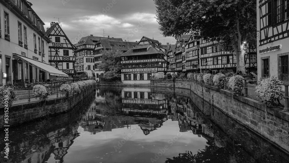alsace, ancient, architecture, beautiful, black and white, building, city, cityscape, europe, exterior, grayscale, historic, history, house, landmark, landscape, old, petite france, river, stone, stra