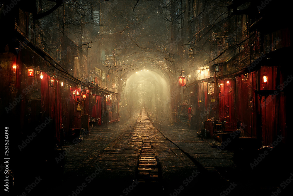 Mystical Empty Red Lights Street In Spooky Ancient Town 3D Art Illustration. Scary Alley Oldtown Movie Background. Chinatown Creepy Environment AI Neural Network Generated Art Wallpaper Stock Illustration | Adobe