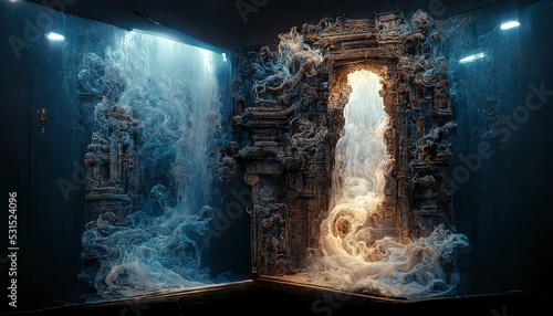 White smoke flowing out of ancient portal arch in dark space