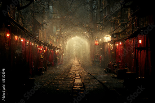 Mystical Empty Red Lights Street In Spooky Ancient Town 3D Art Illustration. Scary Alley Of Oldtown Horror Movie Background. Chinatown Creepy Environment AI Neural Network Generated Art Wallpaper