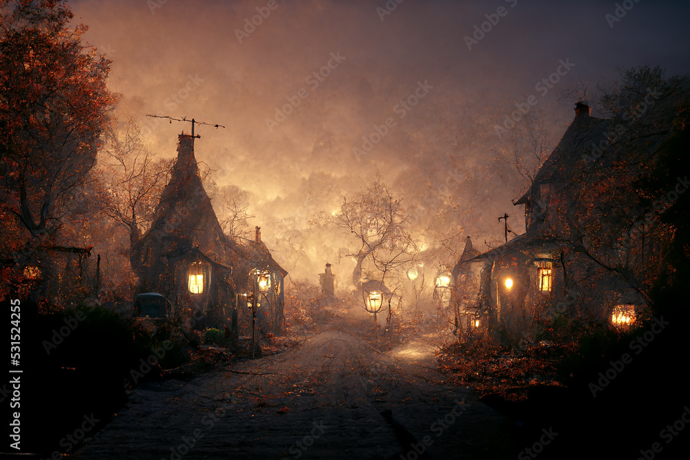 Fototapeta premium Night Autumn Misty Street with Ugly Huts in Ghost Village 3D Art Illustration. Spooky Mystical Old Small Town Halloween Fantasy Background. Mysterious Rural Witch Hovels AI Generated Art Wallpaper