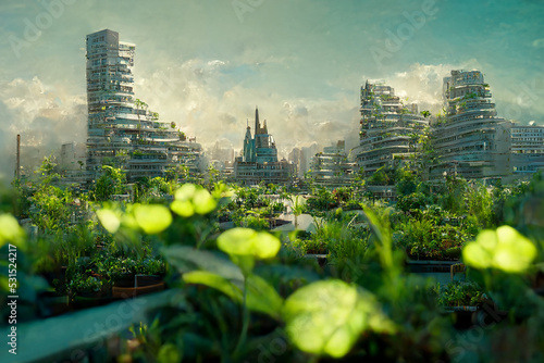 Environmentally Friendly Green Utopia Modern City District 3D Art Illustration. Sustainable Buildings in Green Ecologic Metropolis Background. City Farming Concept AI Neural Network Generated Art