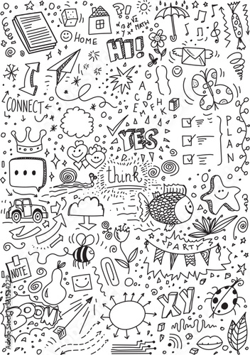 Set of different doodles, vector hand drawing on white paper