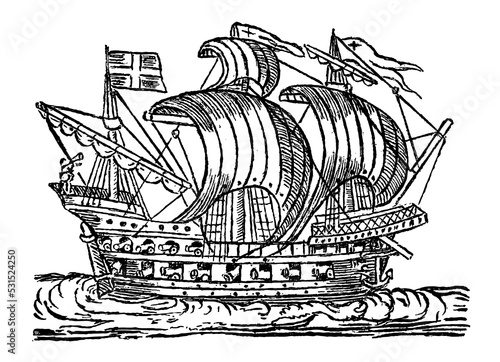 Antique naval sailing ship in side view on wavy sea. Illustration after woodcut engraving from 16th century