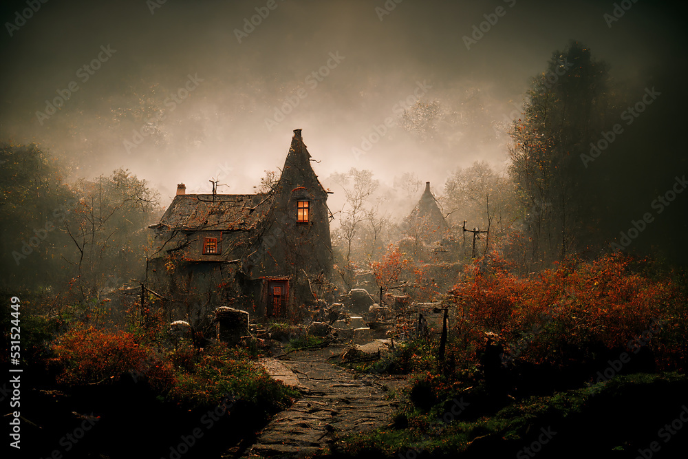 Spooky Witch Hut of Mystical Ghost Land Village 3D Art Halloween Horror  Illustration. Creepy Old House in Mysterious Woods Fantasy Background.  Nightmare Sinister Environment AI Generated Art Wallpaper Stock  Illustration | Adobe