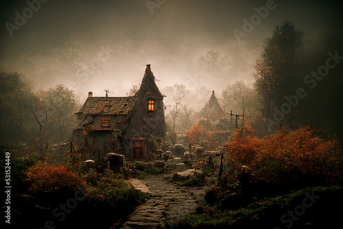 Spooky Witch Hut of Mystical Ghost Land Village 3D Art Halloween Horror Illustration. Creepy Old House in Mysterious Woods Fantasy Background. Nightmare Sinister Environment AI Generated Art Wallpaper photo