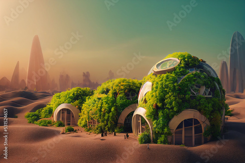 Valokuvatapetti Plant Covered Dome Houses in Desert Outside the Futuristic City 3D Art Illustration