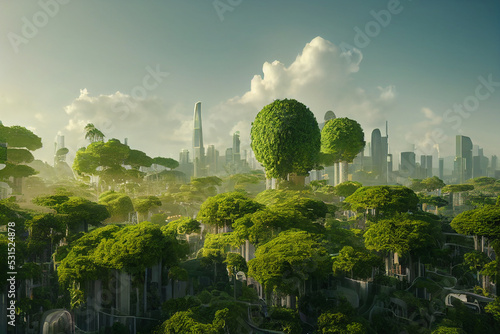 Environment Friendly Green Utopia Futuristic City Skyline 3D Art Illustration. Sustainable Buildings in Green Ecology Metropolis Background. Environmental Protection Concept AI Generated Art Wallpaper