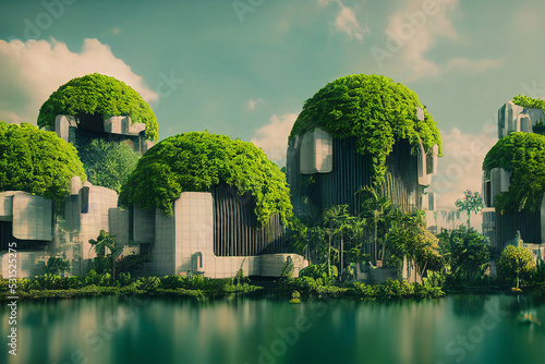 Fototapeta Conceptual Plant Covered Modern Architecture Visualisation 3D Art Illustration