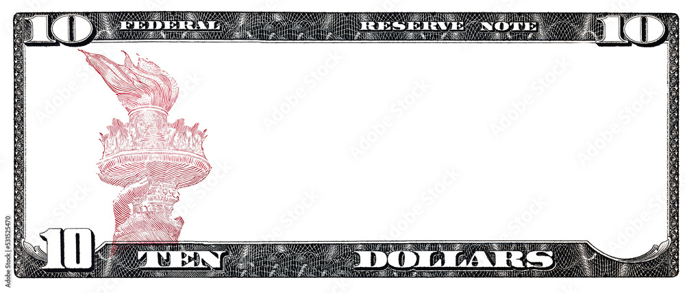 10 US dollar banknote with empty transparent middle area - obrazy, fototapety, plakaty 