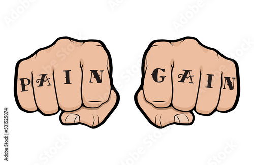 Fist with Pain Gain tattoo on fingers, front view of a man fist with tattoo