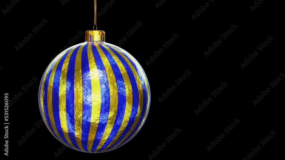 Realistic looping 3D animation of the hanging spinning textured golden striped Christmas bauble rendered in UHD with alpha matte Realistic looping 3D animation of the hanging spinning textured golden striped Christmas bauble rendered in UHD with alpha matte
