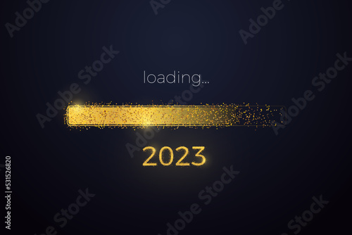 Loading progress bar reaching the end of 2022 and the start of 2023. Happy New Year vector. New year's eve loading screen with glitter confetti festive elements.