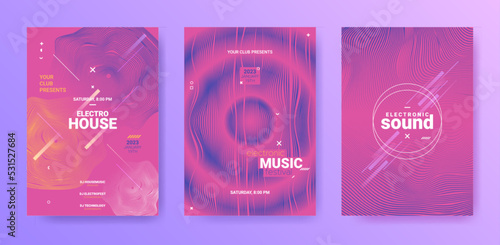 Geometric Edm Party Flyer. Techno Music Dance Cover. Electronic Sound Banner. Abstract Dj Background. Edm Poster Set. Minimal Festival Illustration. Gradient Distort Lines. Vector Edm Poster.