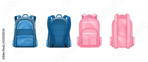 Set of realistic backpack for school, front and back view. Casual sport blue and pink rucksack