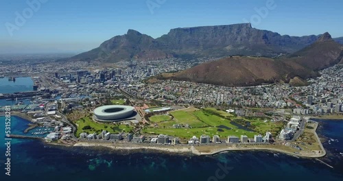 Aerial View to the Capetown City Center with the Stadium and Green Hills, South Africa
