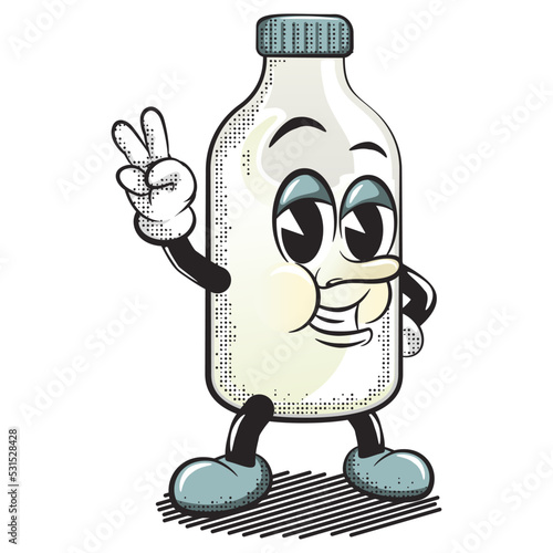 cartoon vector vintage illustration of cute and cool bottle character raising a peace sign