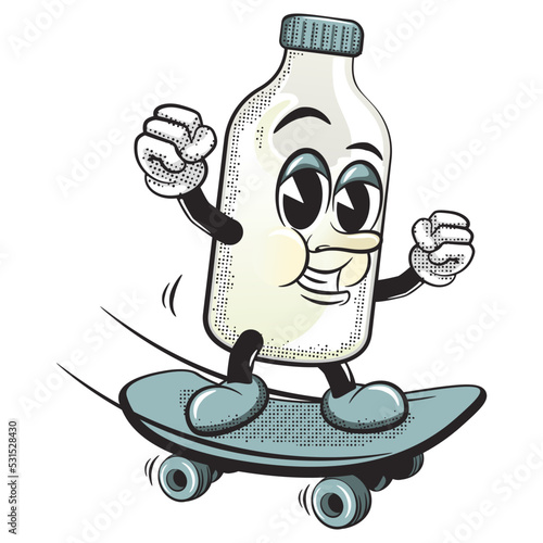 cartoon vector vintage illustration of cute bottle character calmly surfing on a skateboard