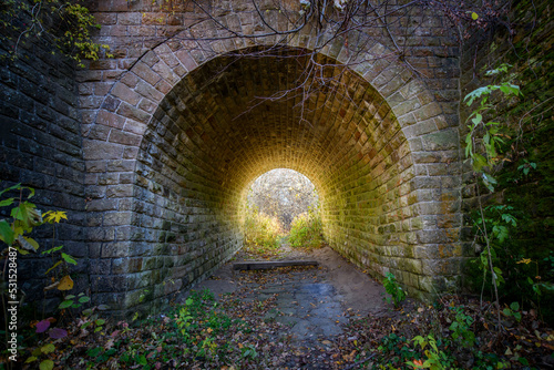 Mystery stone tunnel in the autumn forest