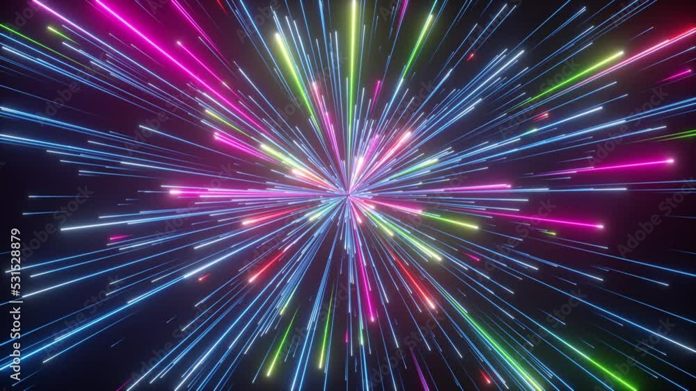 3d animation, abstract cosmic background with colorful firework, glowing lines, laser rays and falling stars. Big bang concept