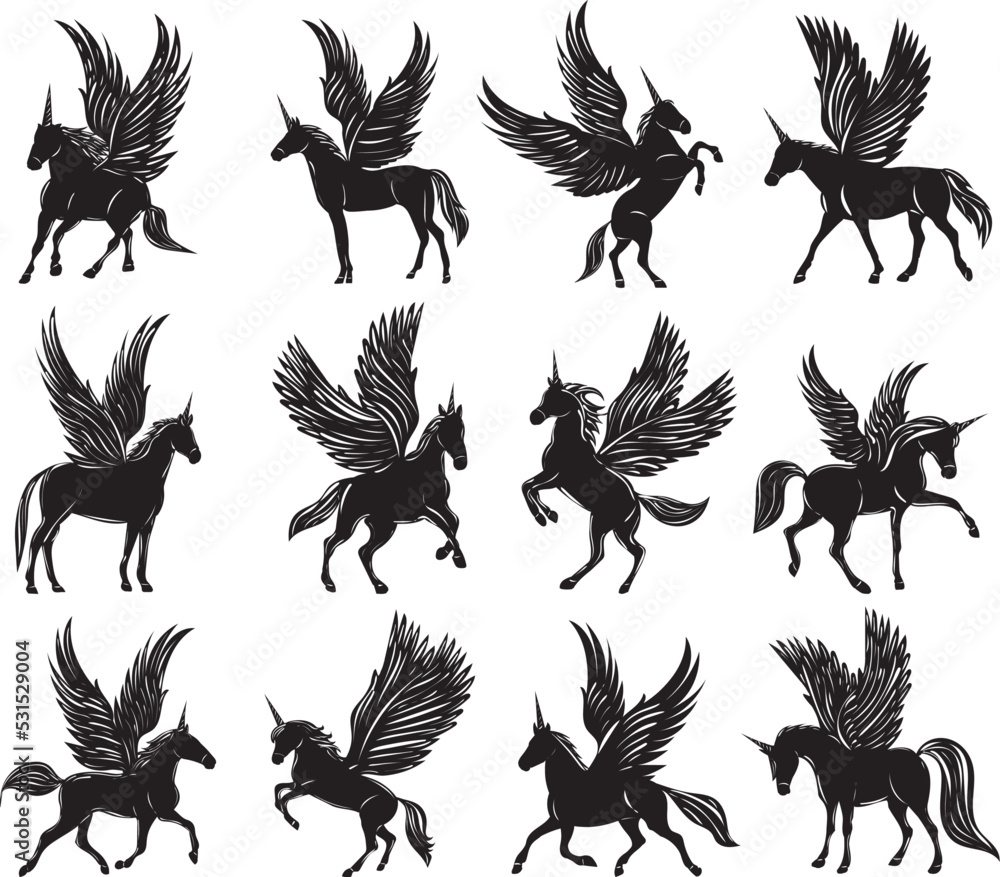 Obraz premium silhouette set of unicorns on white background vector