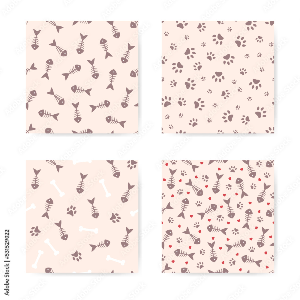Pets set of seamless patterns with cat paw prints, fish skeleton and bone