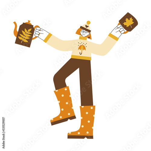 Girl in autumn with teapot and mug. Cozy fall hugge with tea concept. Happy person in yellow orange brown colors with seasonal symbols vector flat illustration set.