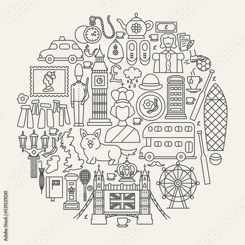 United Kingdom Line Icons Circle. Vector Illustration of Outline Design.