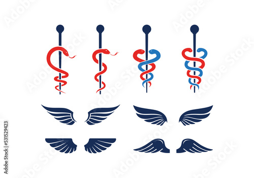 Rod, caduceus snake, wings. Set of medical pharmacy healthcare logo icon design collection