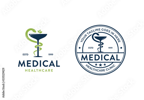 Hermes caduceus snake. Medical health care logo design, stamp emblem badge design template