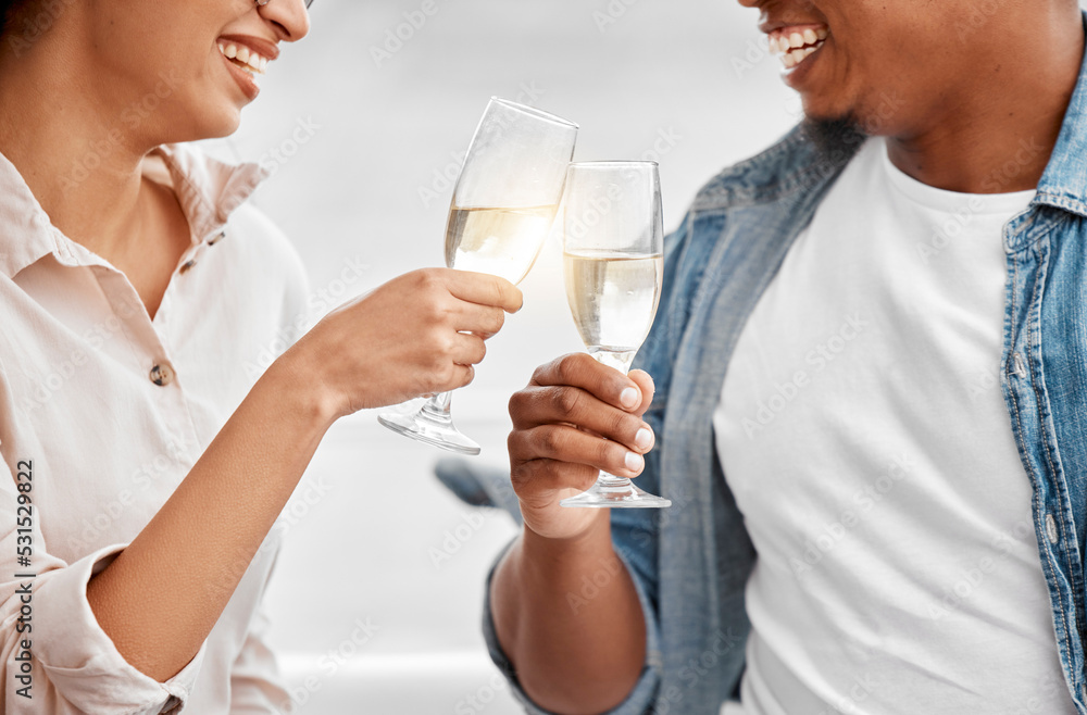 Celebrate, toast and couple with champagne for anniversary, date or luxury travel vacation together. Love, cheers and happy hands of man and woman holding glass of wine for joy, drink and event Celebrate, toast and couple with champagne for anniversary, date or luxury travel vacation together. Love, cheers and happy hands of man and woman holding glass of wine for joy, drink and event