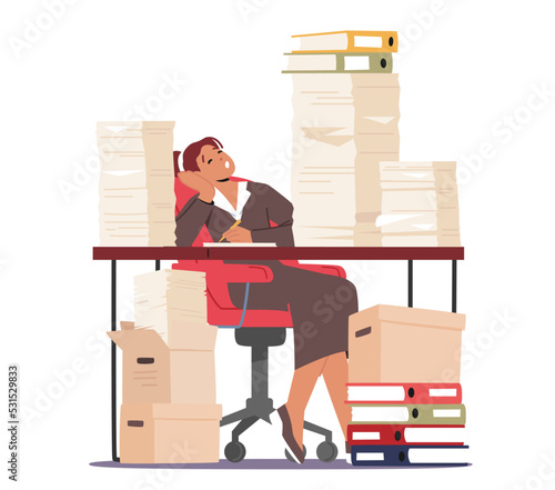 Tired Business Woman Sleeping at Workplace with Heaps of Documents and Paperwork. Secretary Loaded with Work in Office